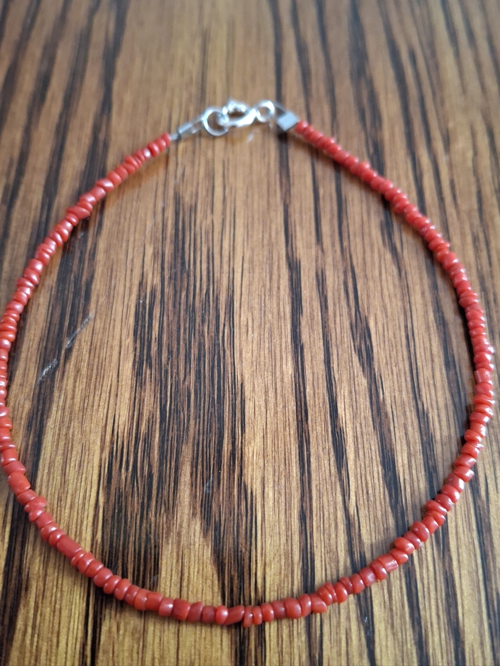 Anklet Red Coral Seed Beaded 9.5" Sterling Silver Handmade